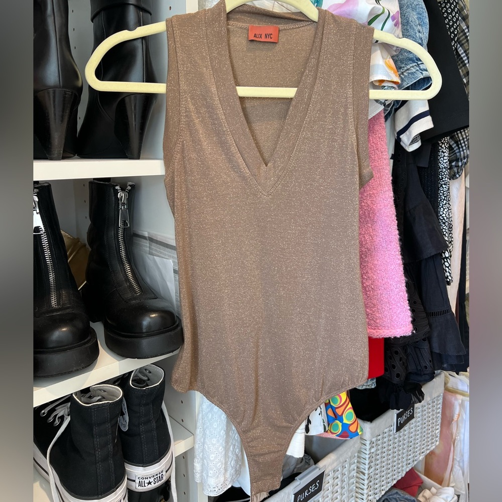 Alix NYC Gold with slight sparkle v-neck bodysuit